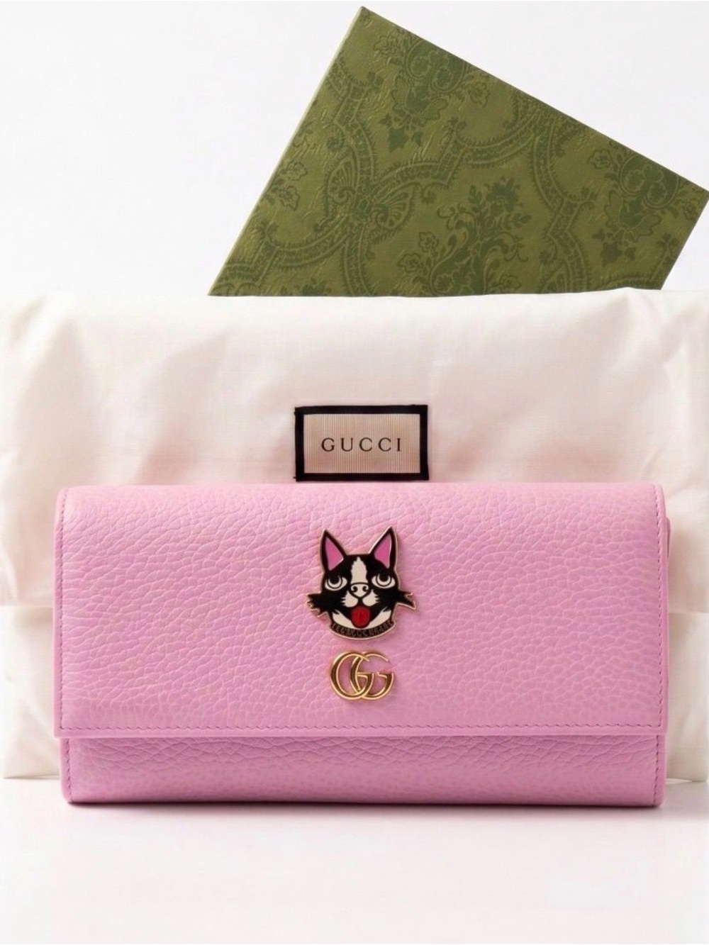Gucci Pink Leather Continental Wallet with Cat Emblem